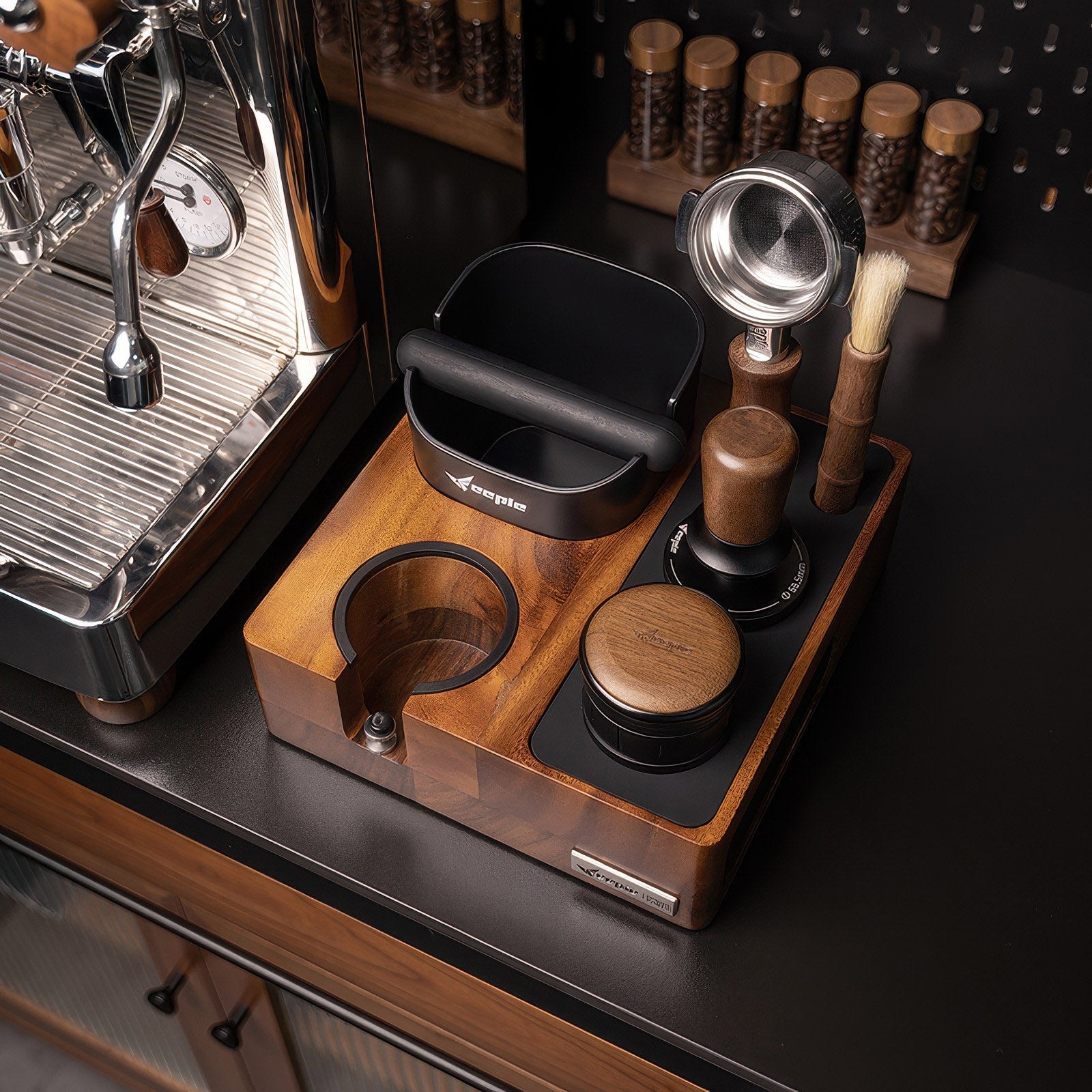 Walnut Tamping Station with Knock Box